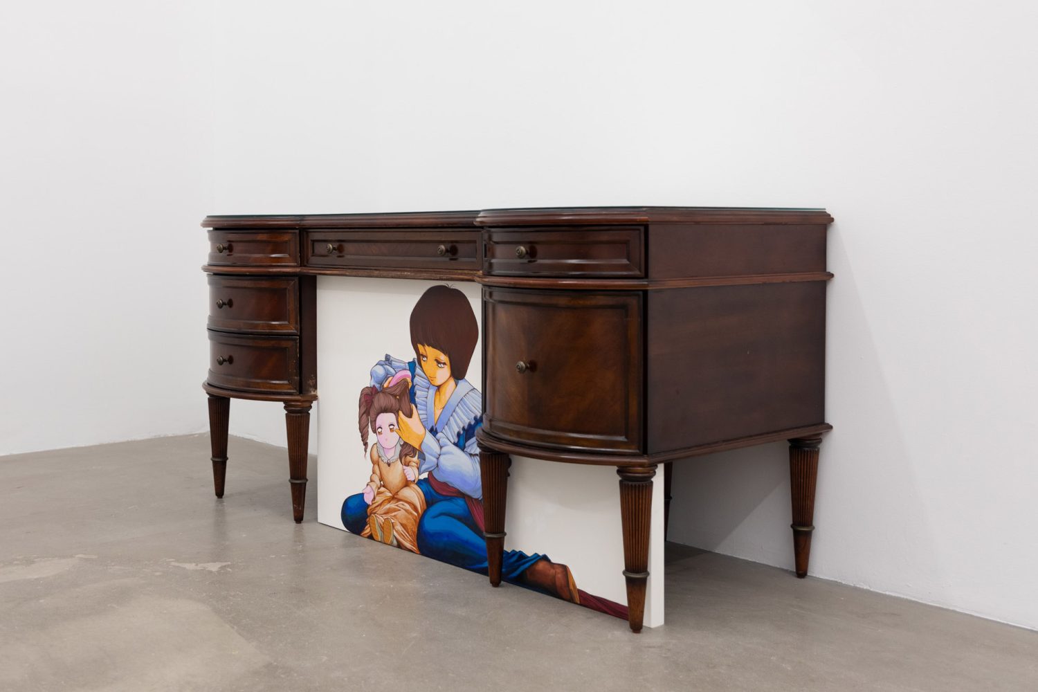 Julien Ceccaldi, Effeminate Prince, 2026, Acrylic and ink on wood panel and paper, antique desk, courtesy of COOPER COLE