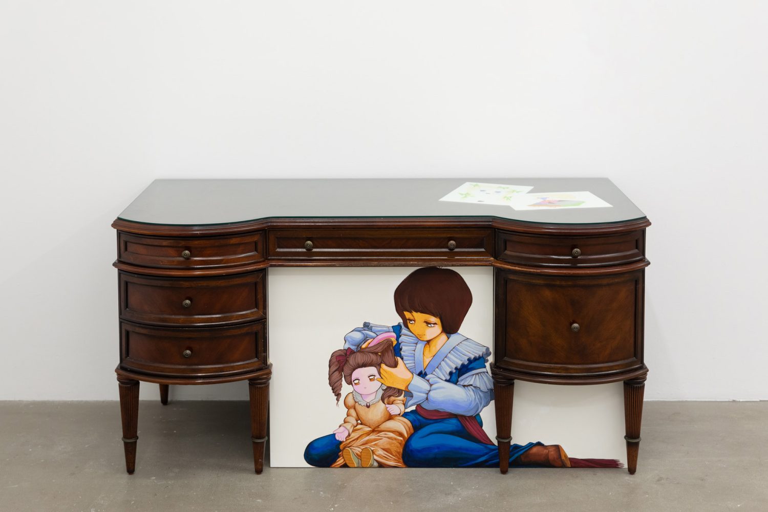 Julien Ceccaldi, Effeminate Prince, 2026, Acrylic and ink on wood panel and paper, antique desk, courtesy of COOPER COLE