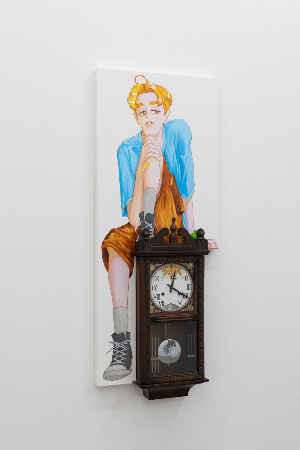 Julien Ceccaldi, Teenage Heir, 2026, Acrylic and ink on wood panel and antique clock, courtesy of COOPER COLE